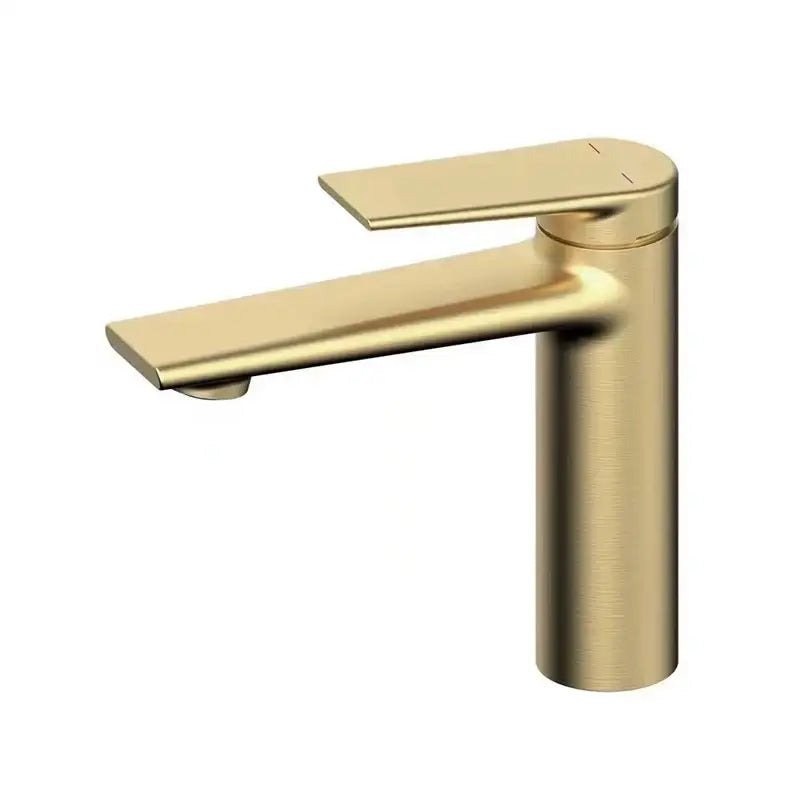 Modern brushed gold bathroom faucet with centerset deck-mounted design and high-quality ceramic valve for cold water control