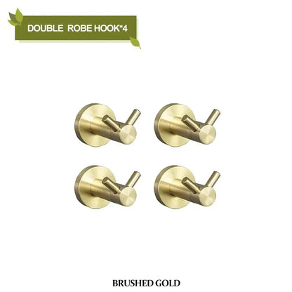 Set of four brushed gold double robe hooks from a modern brushed gold bathroom hardware set for bathroom hardware use