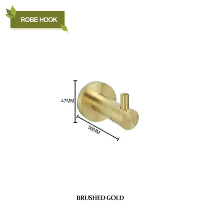 Brushed gold robe hook with sleek modern design and rounded edges from bathroom hardware set