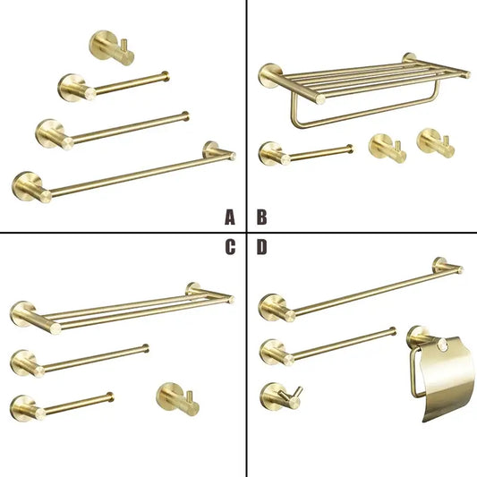 Modern brushed gold bathroom hardware set with sleek brushed metal finish and matching wall-mounted towel racks hooks and holder