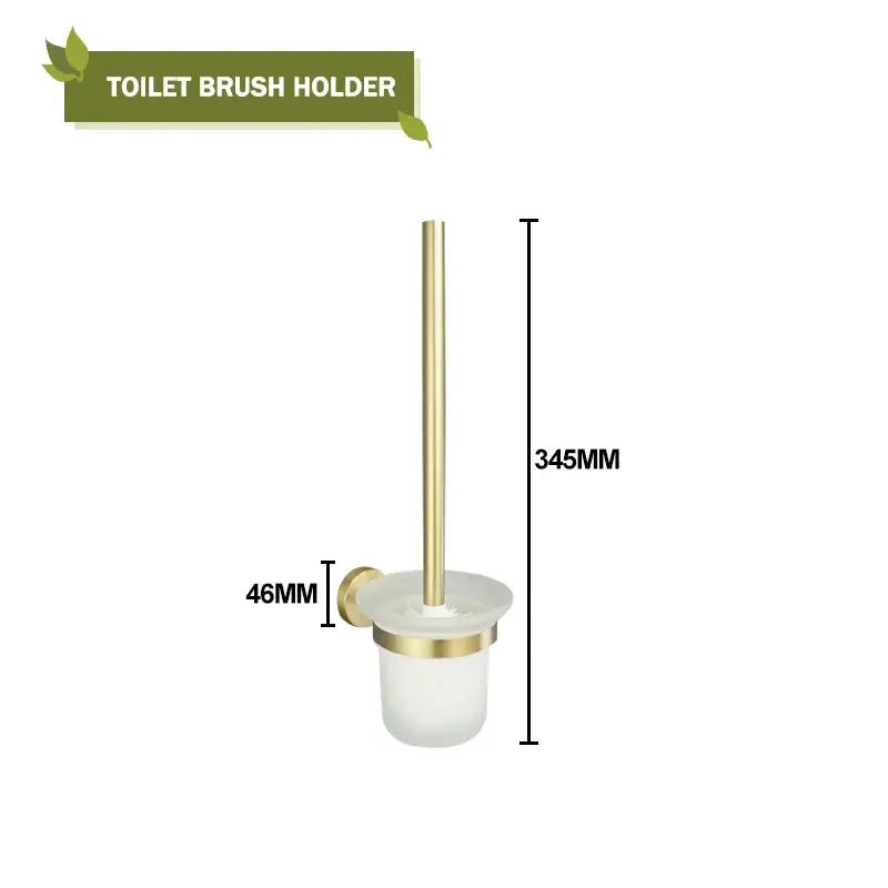 Gold-finished toilet brush holder with frosted glass base and matching brushed gold accent in decorbites bathroom set