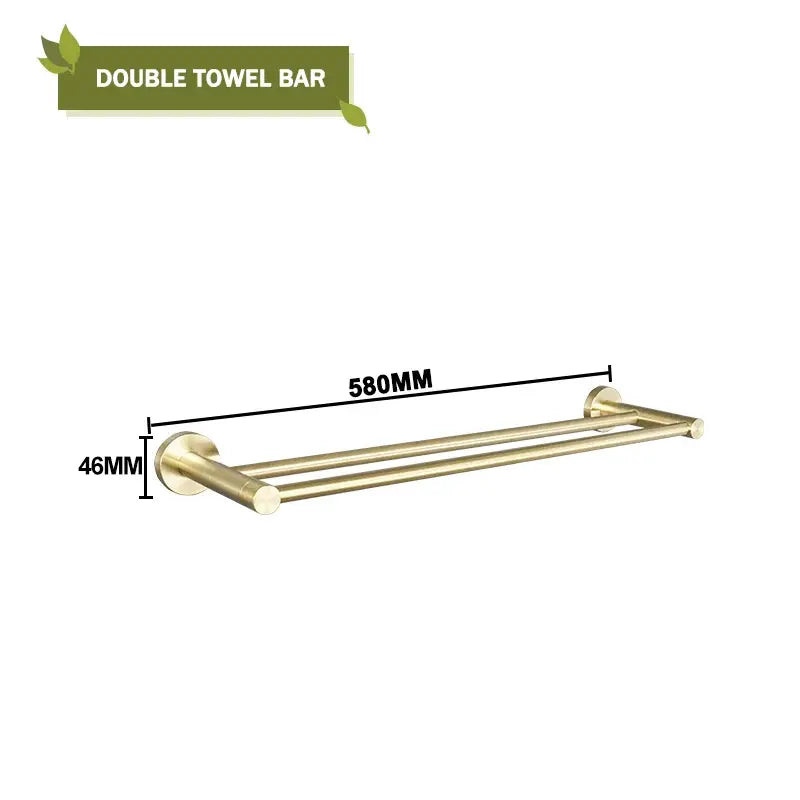 Modern brushed gold double towel bar with two parallel rods and circular mounts from decorbites brushed gold bathroom set