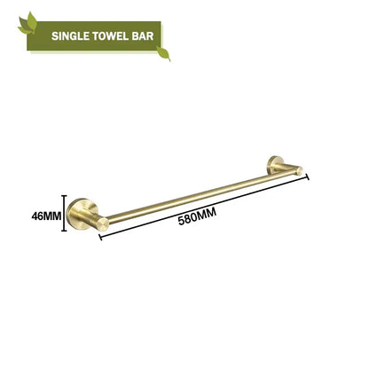 Brass-finished single towel bar 580mm in length from decorbites brushed gold bathroom hardware set with glass soap dish