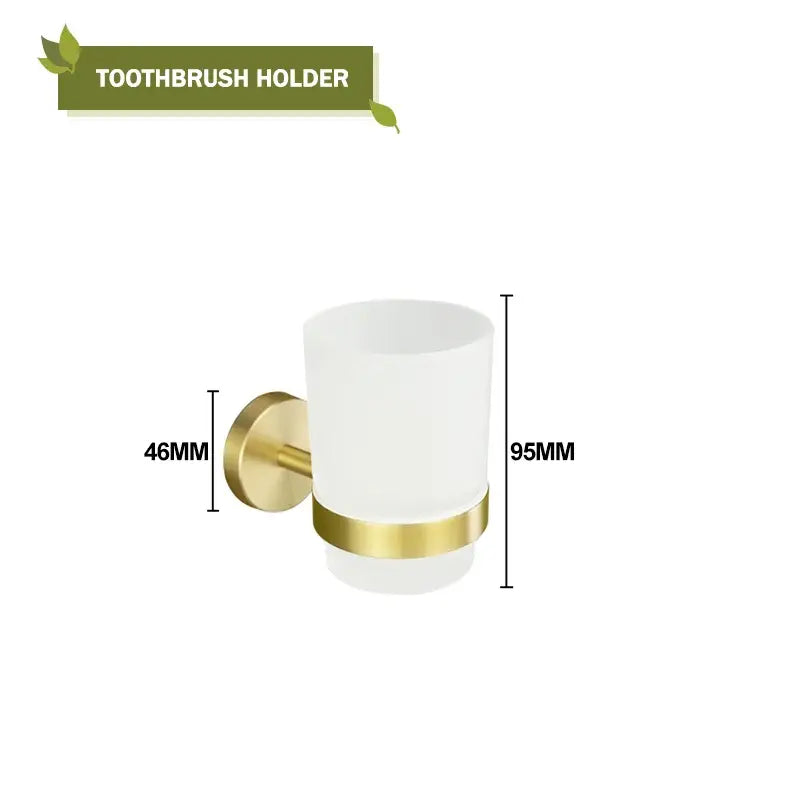 A sleek white frosted glass toothbrush holder with brushed gold metal base from decorbites brushed gold bathroom set