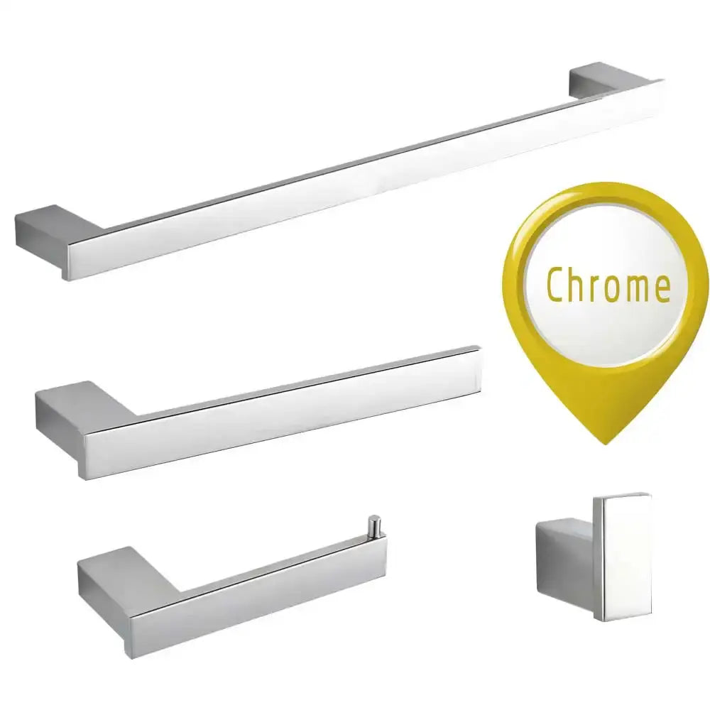 Modern brushed gold bathroom hardware set with sleek rectangular rails featuring chrome-finished bar and hook designs