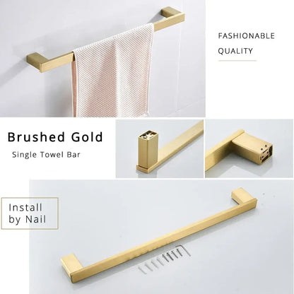 Brushed gold single towel bar with sleek modern design and square-ended fixtures from bathroom hardware set
