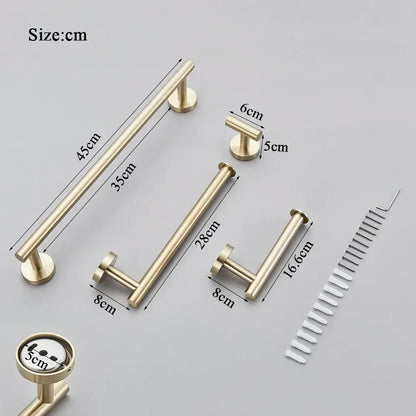 Modern brushed gold bathroom hardware set with various towel bars and matching knobs in decorbites brushed gold finish