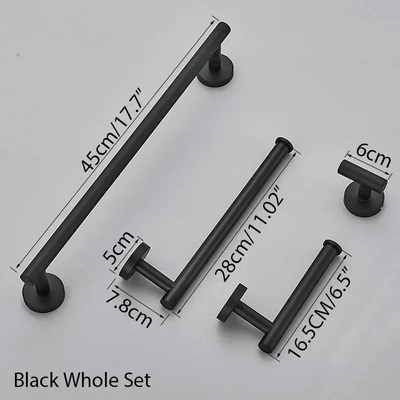 Black matte-finished metal towel rack set with minimalist design and varying lengths from decorbites bathroom hardware set
