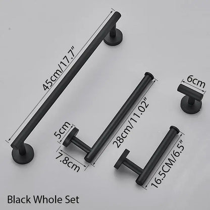 Black matte-finished metal towel rack set with minimalist design and varying lengths from decorbites bathroom hardware set