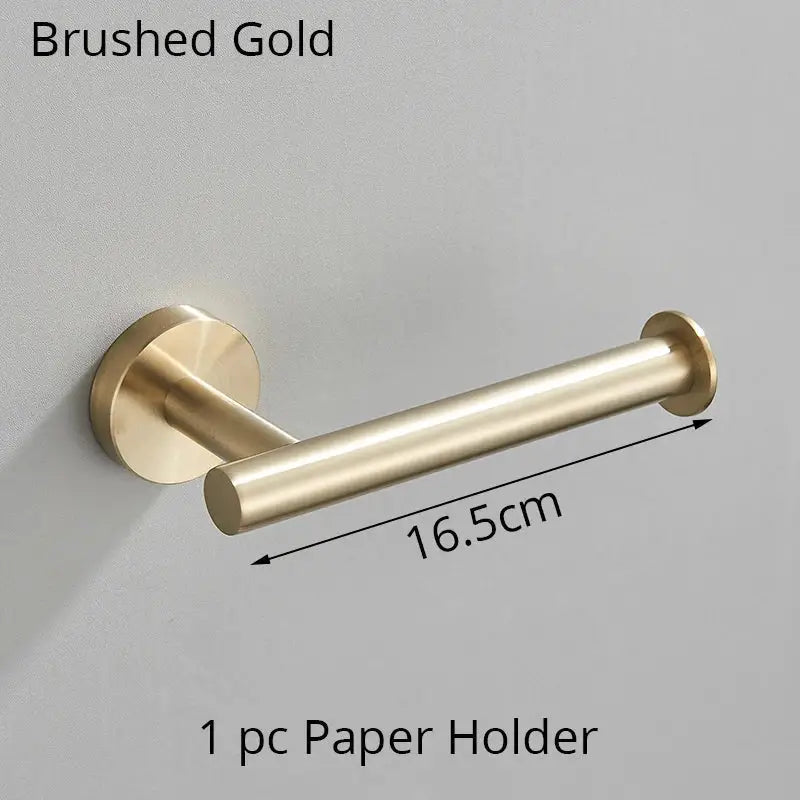 Brushed gold toilet paper holder with sleek cylindrical design and rounded ends from decorbites bathroom hardware set
