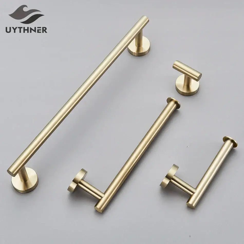 Brushed gold bathroom hardware set with sleek modern bar and knob handles for decorbites bathroom hardware