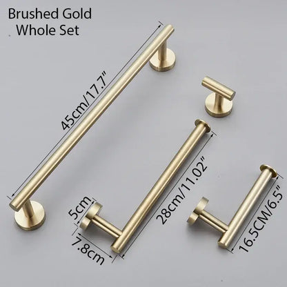 Modern brushed gold bathroom hardware set by decorbites featuring a towel rack set with three lengths and circular mounts