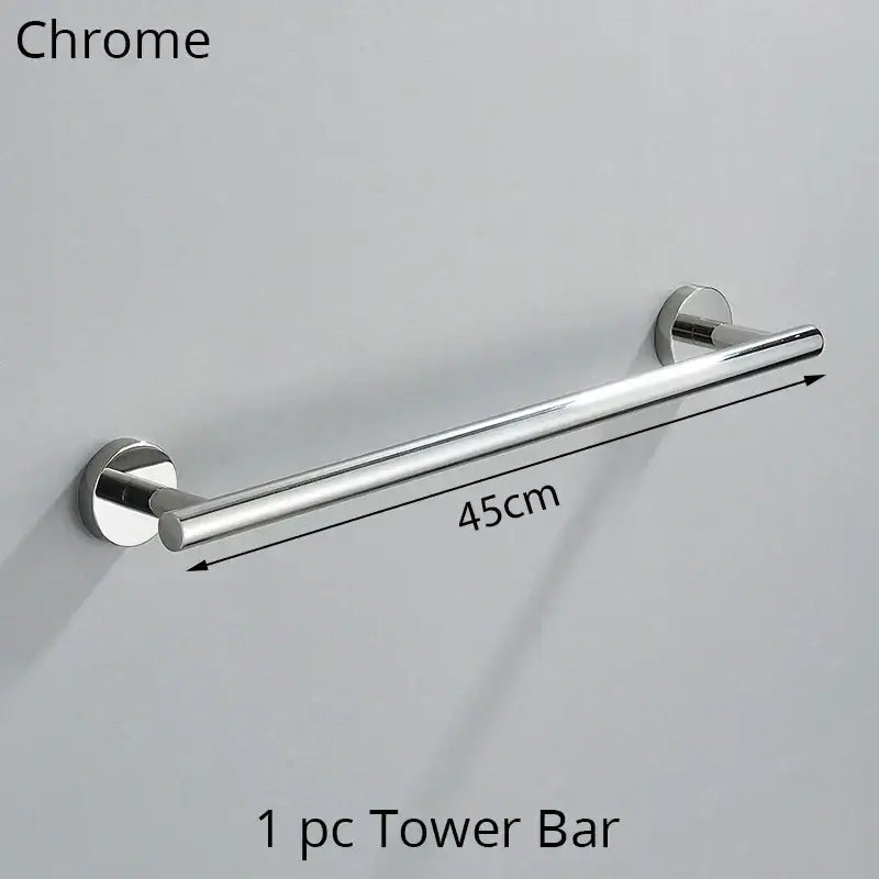 Modern brushed gold bathroom hardware set featuring a chrome finished 45cm tower bar towel rack with circular wall mounts decorbites bathroom hardware