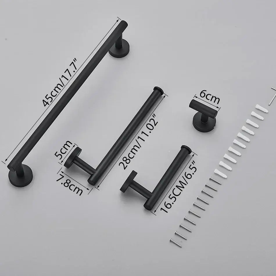 Black matte metal towel bars in various lengths complement decorbites bathroom hardware set with modern gold accents