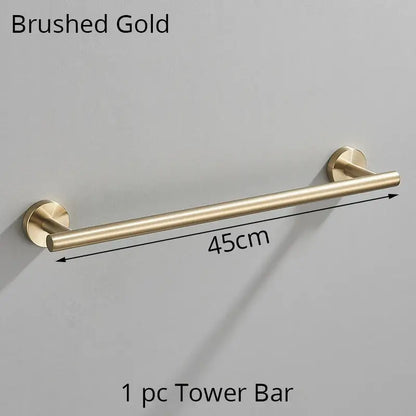 Brushed gold 45cm tower bar towel rack with sleek cylindrical design and modern wall-mounted brackets decorbites bathroom hardware set