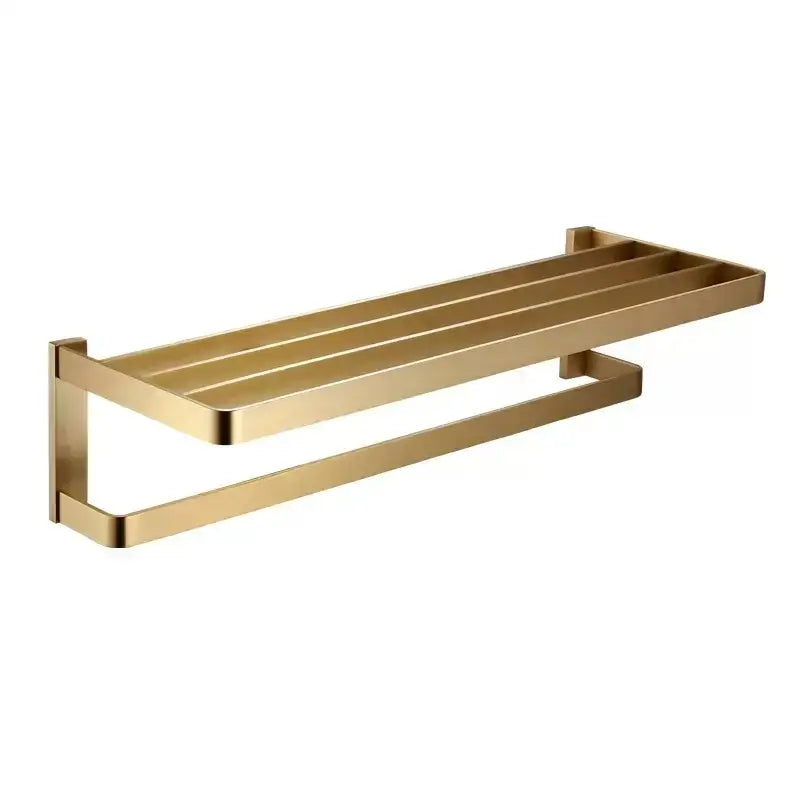 Modern brushed gold hardware set towel rack with two parallel bars and a rectangular shelf by decorbites brushed gold