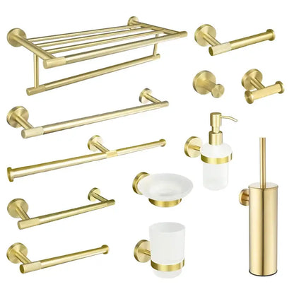 Modern brushed gold bathroom set with towel bar and paper holder featuring decorbites brushed gold finish and frosted glass accents