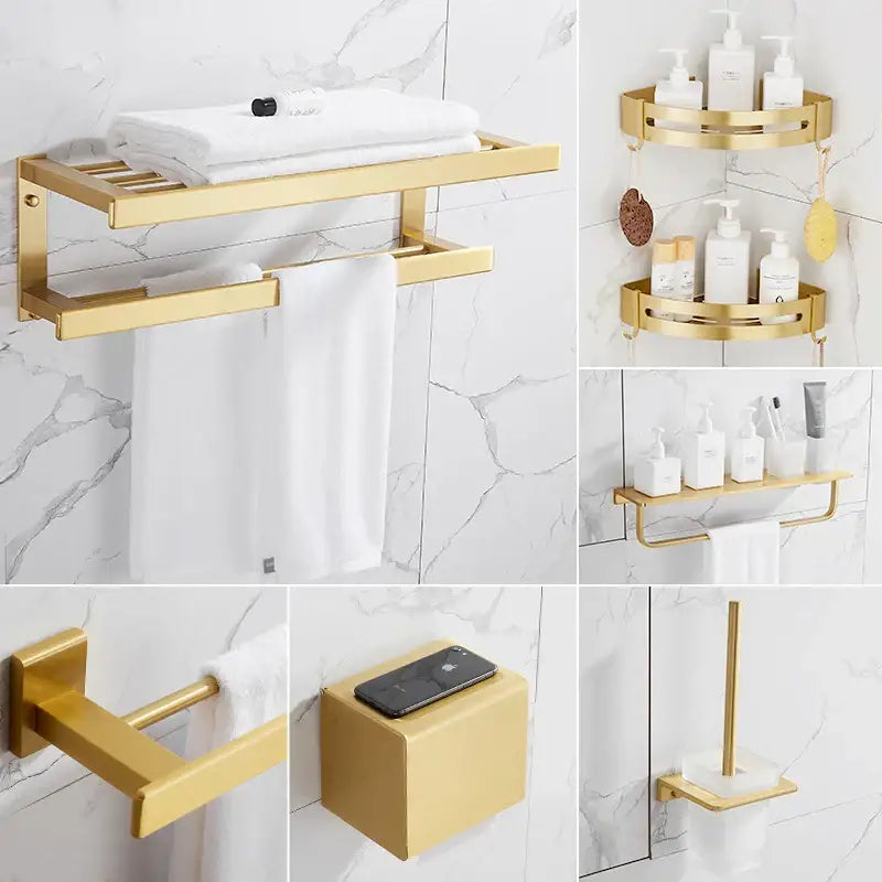 Modern brushed gold bathroom set with sleek towel racks shelves and toilet paper holder by decorbites brushed gold
