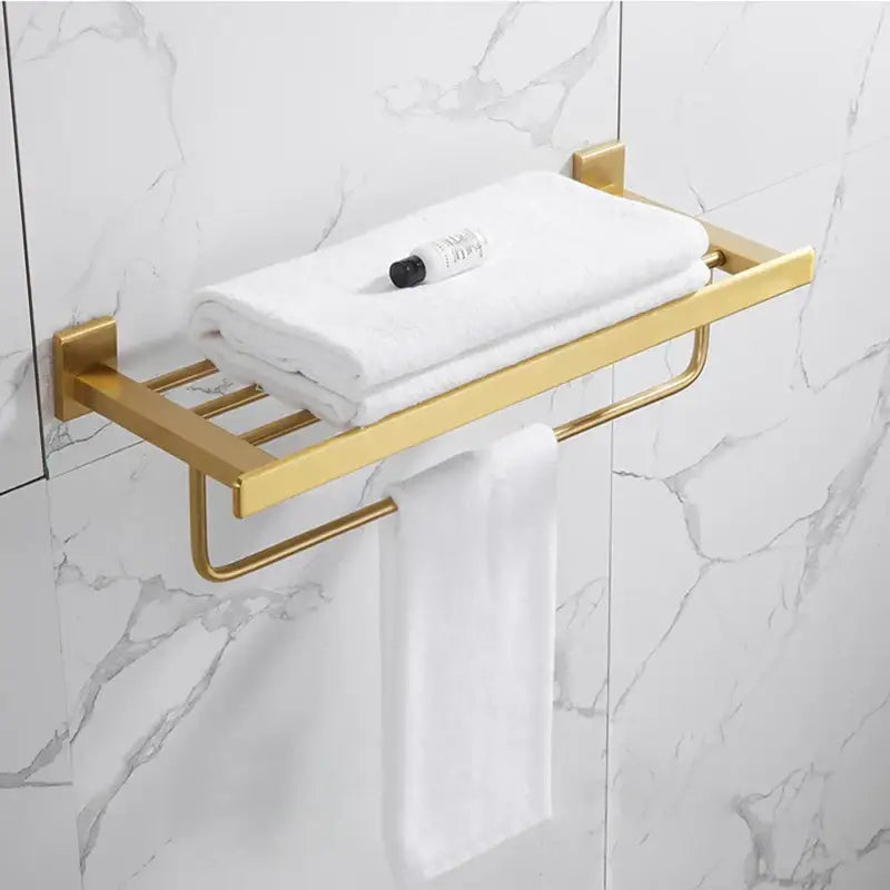 Modern brushed gold bathroom set towel rack with flat shelf and hanging bar in decorbites brushed gold finish