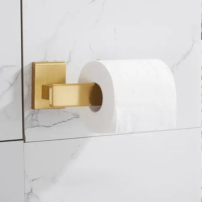 Modern brushed gold bathroom set rectangular toilet paper holder with sleek design mounted on white marble tiles decorbites brushed gold