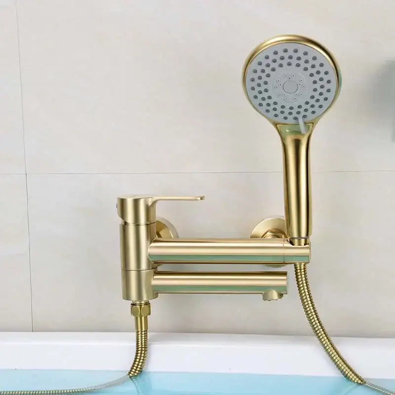 Modern brushed gold bathtub shower set with gold-finished faucet handheld showerhead and flexible hose by decorbites brushed gold
