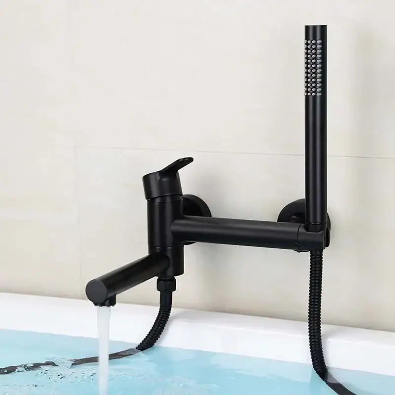 Black matte-finish bathtub faucet with integrated handheld showerhead and flexible hose for modern brushed gold bathtub decorbites