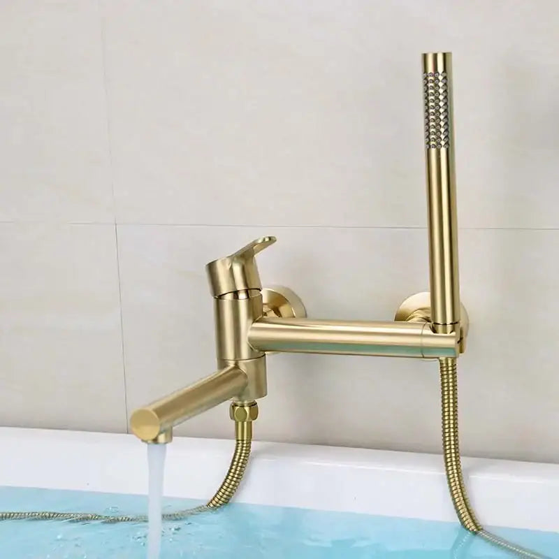 Modern brushed gold bathtub shower set featuring a brushed gold bathtub faucet with attached handheld showerhead decorbites brushed gold