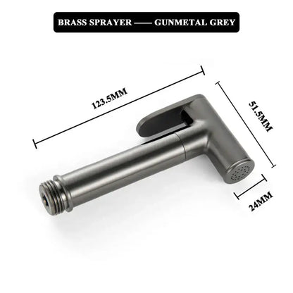 Modern brushed gold bidet faucet set with gunmetal grey brass sprayer featuring sleek design and precise measurements