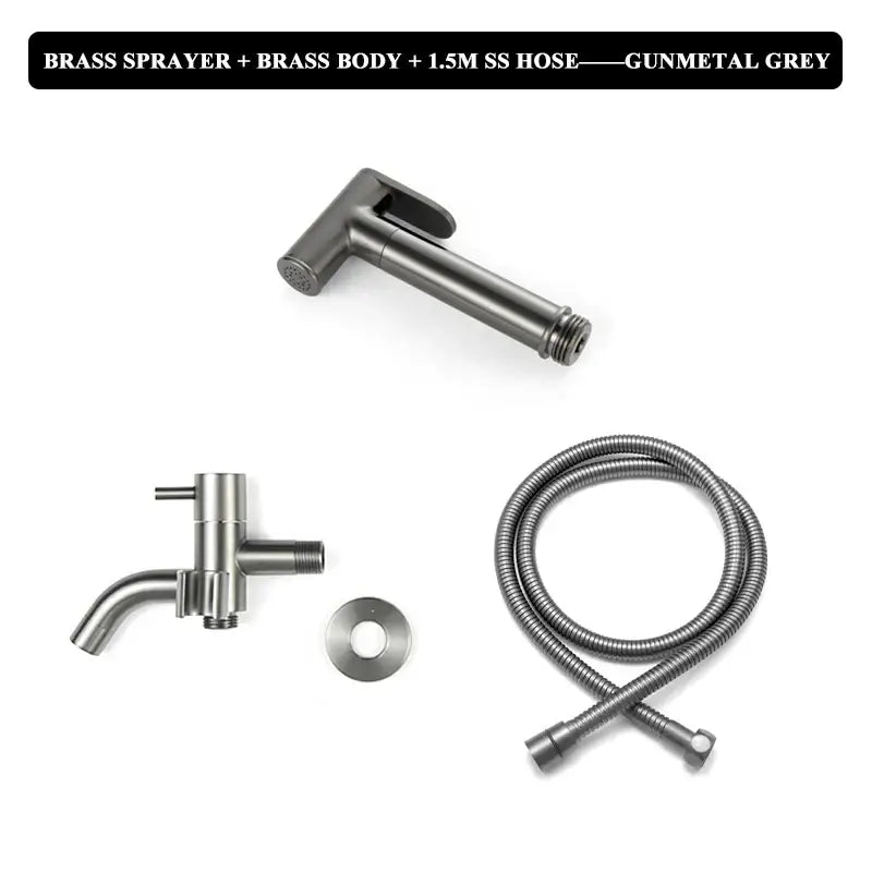 Modern brushed gold bidet faucet set featuring a chrome-finished brass sprayer with sleek angular design