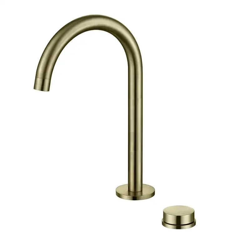 Modern brushed gold basin faucet with brass finish single-handle and sleek curved spout by decorbites brushed gold