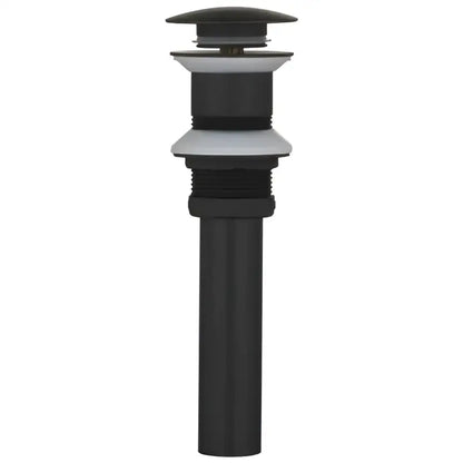 Black matte-finish bathroom sink drain with sleek concentric rings paired with modern decorbites brushed gold basin faucet