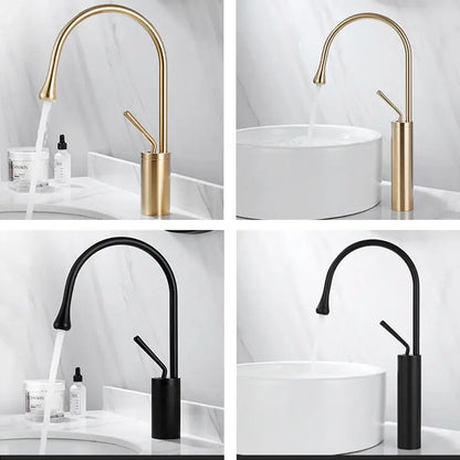 Modern brushed gold and black deck mounted single hole kitchen faucet with sleek curved spouts and cylindrical bases