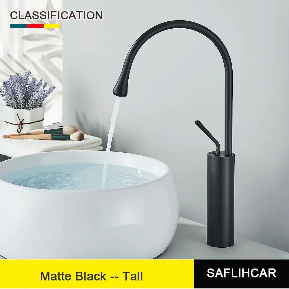Matte black tall deck mounted single hole basin tap with sleek curved spout and minimalist design for kitchen use