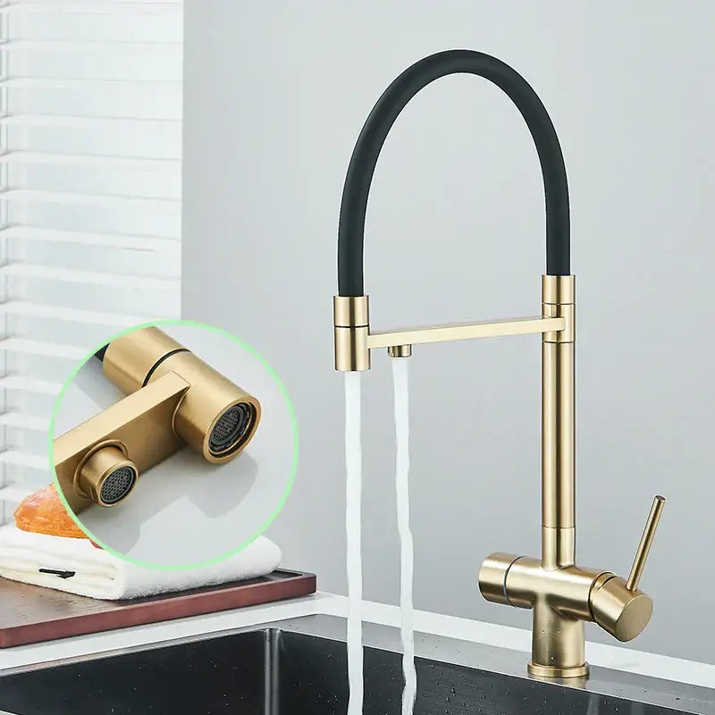 Modern brushed gold dual handle kitchen faucet with flexible black hose and dual spray nozzles decorbites brushed gold