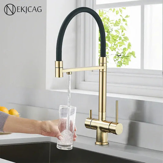 Modern brushed gold dual handle kitchen faucet with black flexible spout by decorbites brushed gold collection