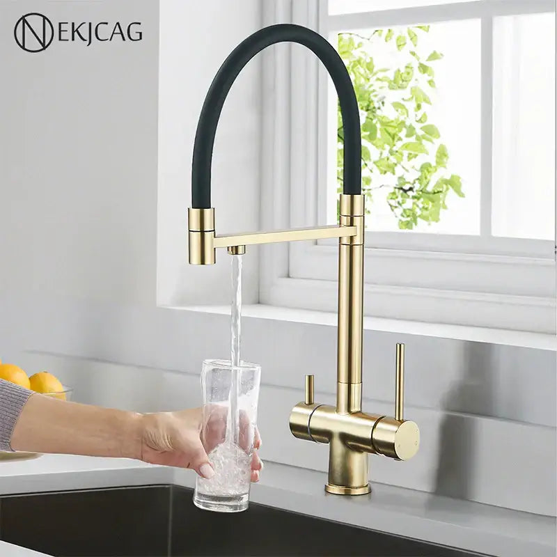 Modern brushed gold dual handle kitchen faucet with black flexible spout by decorbites brushed gold collection
