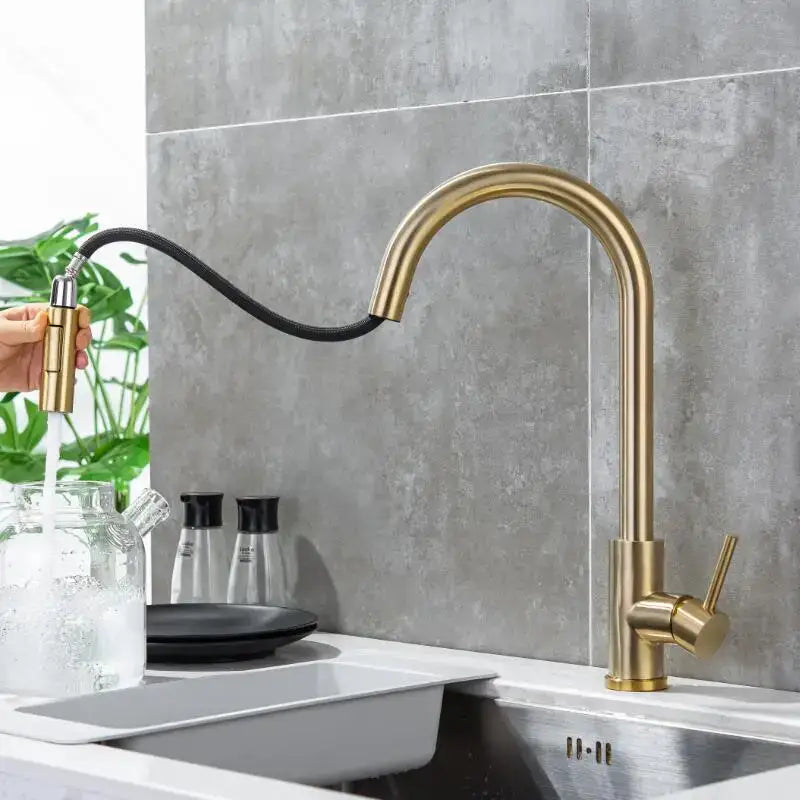 Modern brushed gold kitchen faucet with pull out black flexible hose decorbites brushed gold design