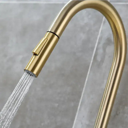 Modern brushed gold and black kitchen faucet with pull out hose featuring a gold-toned curved spout decorbites brushed gold