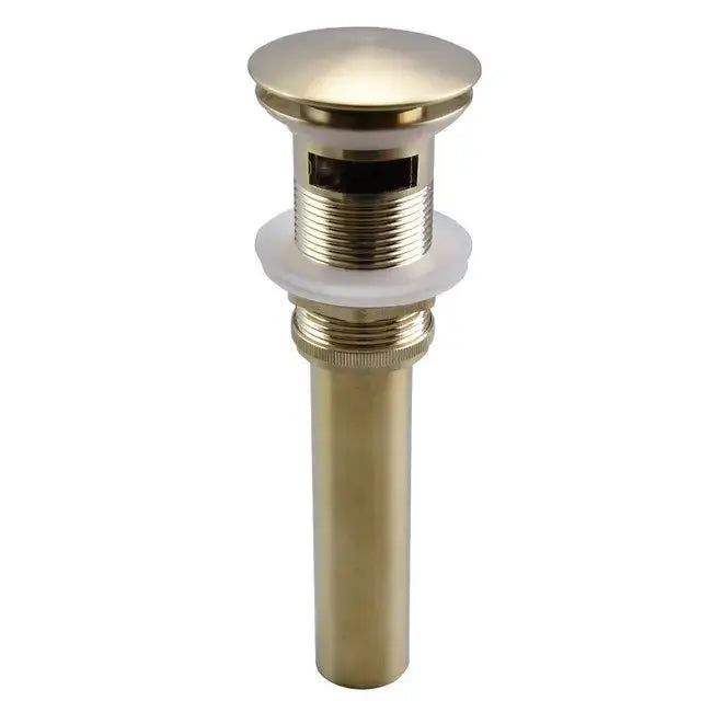 Brass-finished bathroom sink drain with sleek cylindrical body and threaded connections for decorbites brushed gold black mixer