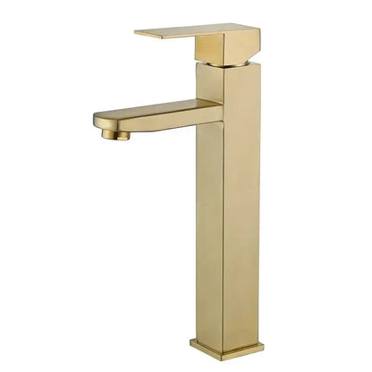 Modern brushed gold black rectangular basin tap with a sleek minimalist tall bathroom faucet design by decorbites brushed gold