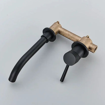 Black matte finish wall mounted basin faucet with brushed gold curved metal body for modern bathroom mixer
