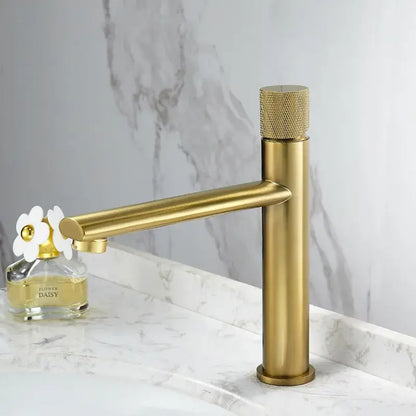 Modern brushed gold brass basin faucet with knurled handle and sleek minimalist design for bathroom sink use