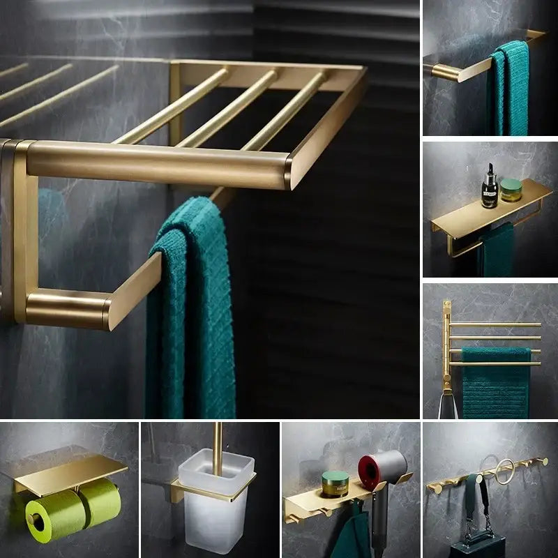 Modern brushed gold brass bath hardware set featuring a sleek towel rack with multiple horizontal bars for towels