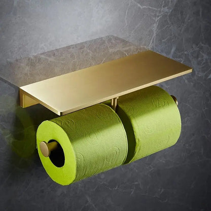Modern brushed gold brass bath hardware set featuring a double toilet paper holder with a rectangular shelf and lime green tissue