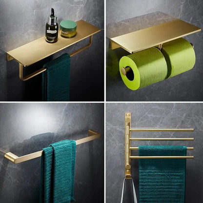 Modern brushed gold brass bath hardware set with sleek shelf, towel rack, dual toilet paper holder, and extendable towel bar