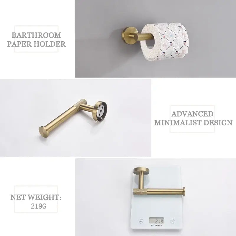 Brass bathroom paper holder in brushed gold finish part of modern bathroom accessories set for elegant bathroom decor