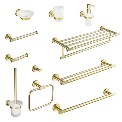 Modern brushed gold brass bathroom accessories set with sleek design and frosted glass accents for bathroom use