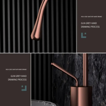 Modern brushed gold brass kitchen sink tap with copper finish and sleek design featuring gun grey hand-drawn process
