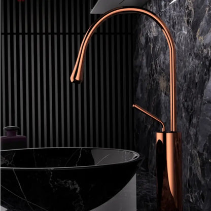 Modern brushed gold brass kitchen faucet with copper finish, sleek curved spout, and minimalist design for sink use