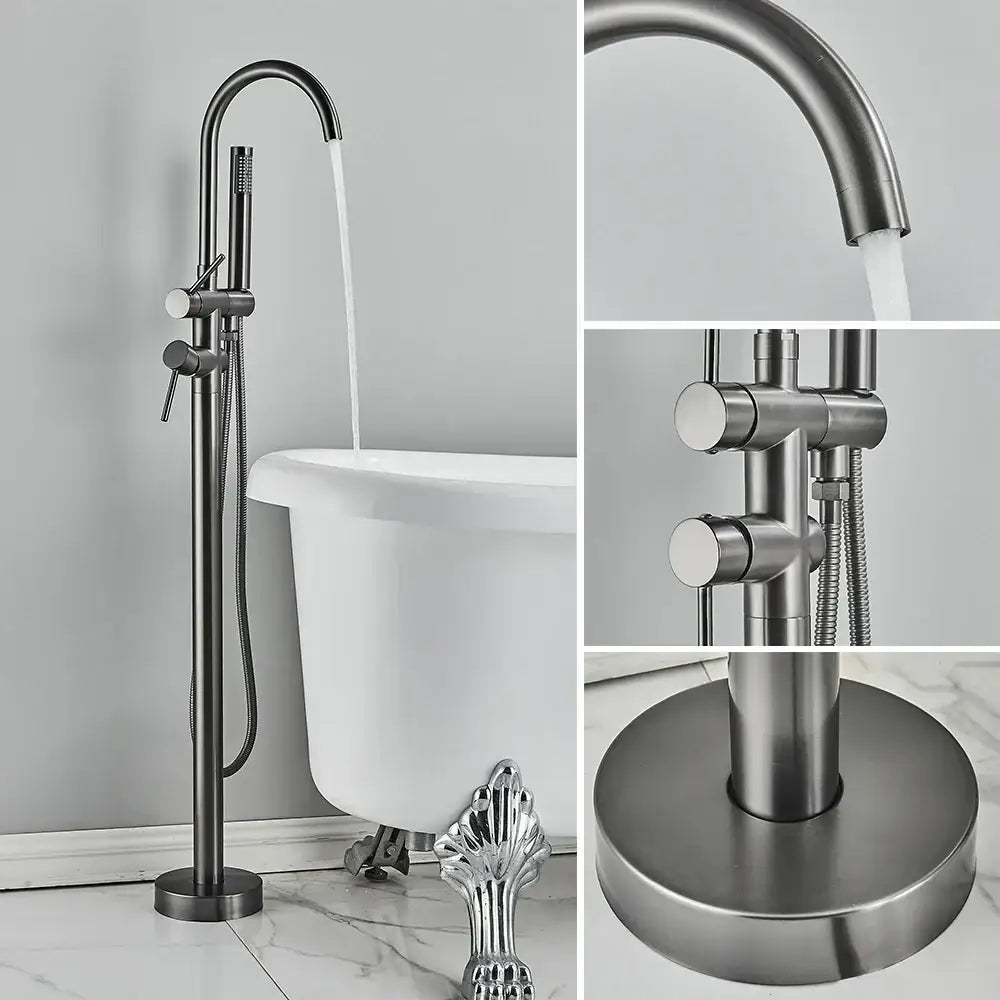 Modern matte black freestanding bathtub faucet with curved spout and knobs complementing decorbites brushed gold freestanding style